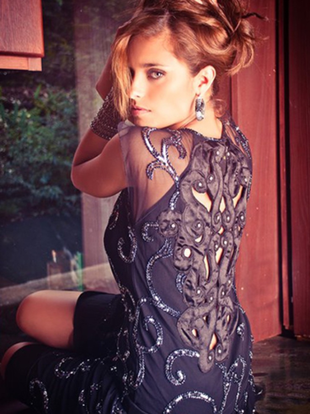 Elegant Black‎ Beaded V-Neck short Dress w/ satin back cut outs & rhinestones